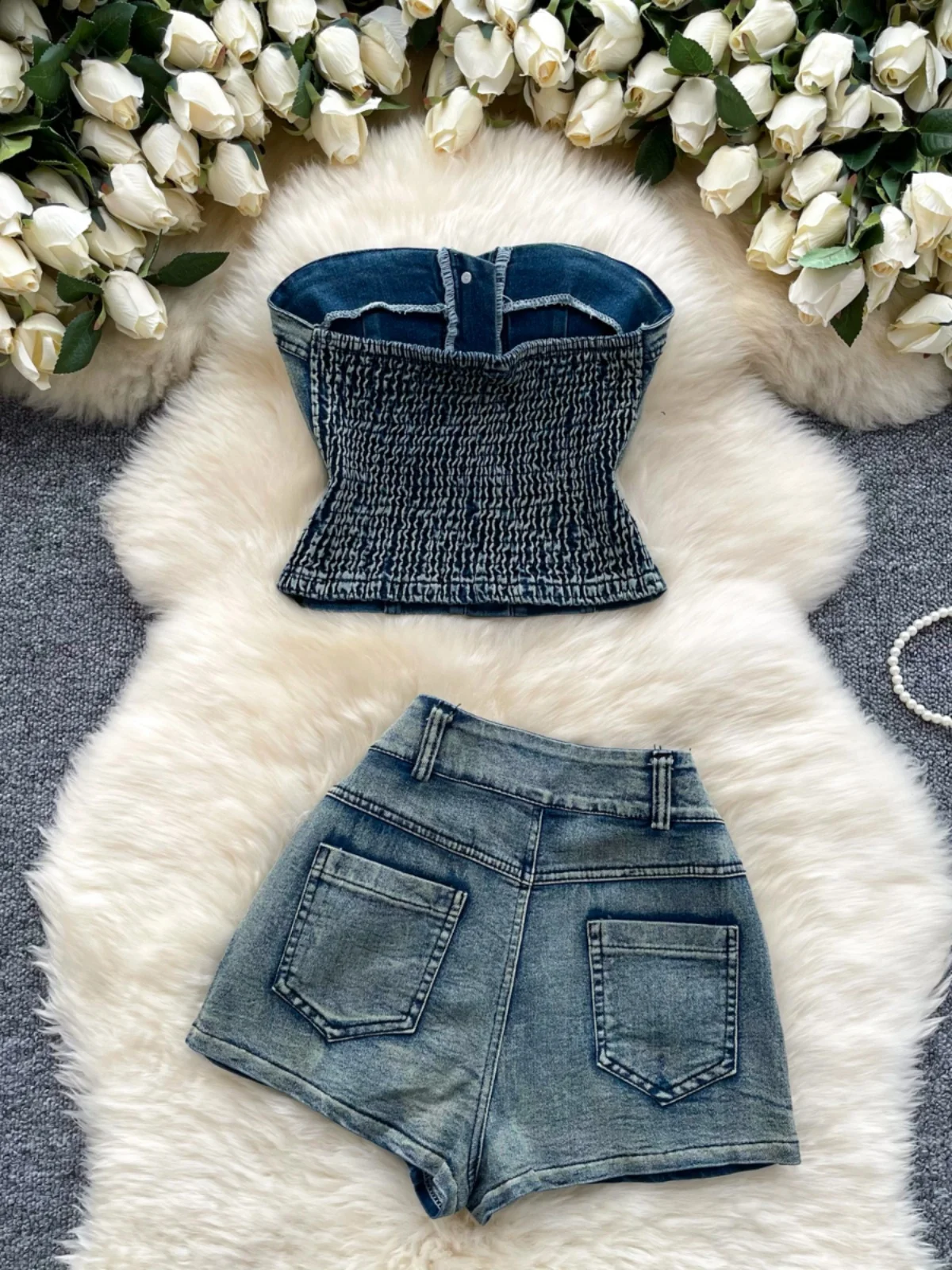 

Vintage Distred Denim Crop Top And High Waist orts Set Women's Faion Outfit Sexy Girl Pure Desire Anti Light Design