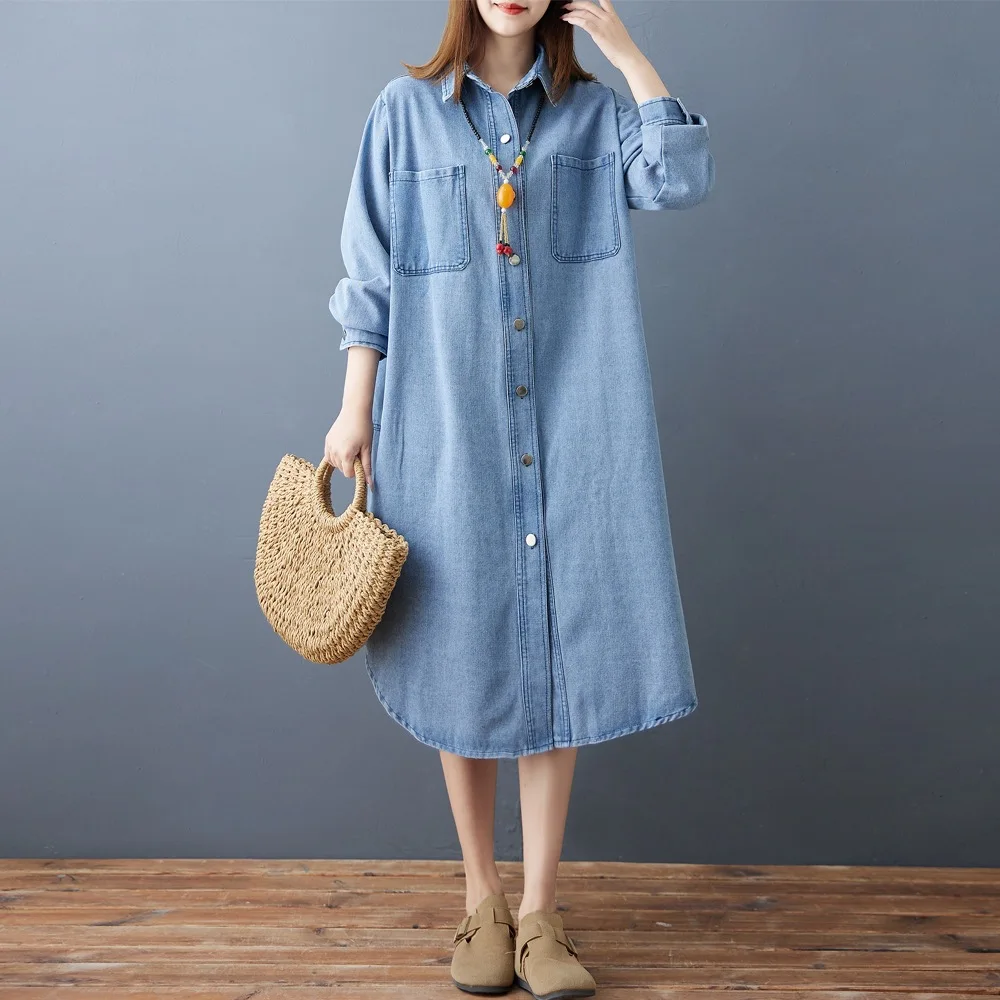 Lose Retro Langarm Denim Kleider frauen Herbst Drehen Unten Kragen Einreiher Hemd Kleid Weibliche Casual Mid-Länge kleid