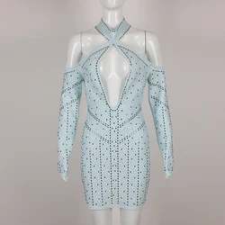 KLEEZY Fashion New Women's Sexy Strapless Long-sleeved Luxury Diamonds Hollowed Out Mini Elegant Celebrity Party Dresses