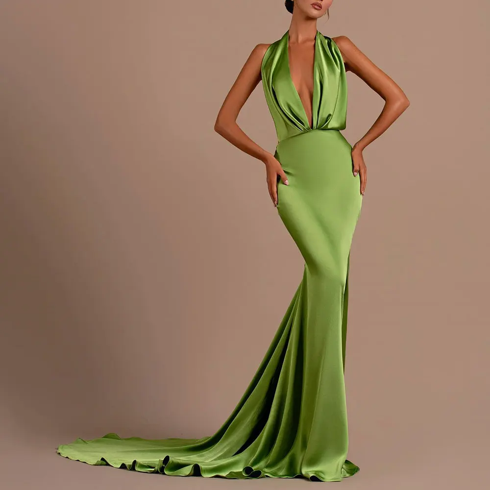 

Classic Mermaid Evening Dress Halter Neck Backless Satin Ladies Sexy Court Train Vestidos De Fiesta Elegantes Para Mujer 2023