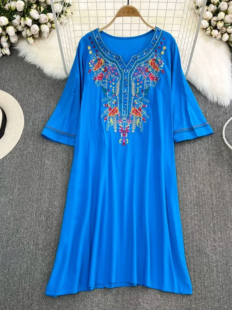 Women Summer Dress Vintage Bohemian Ethnic Style Embroidery Exotic Style Long Sleeve V-Neck Loose Elegant A-line Dress D5039