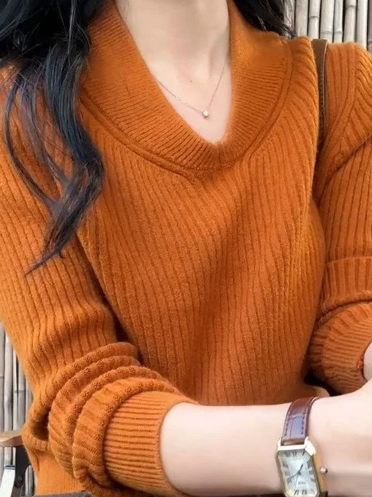 

Корейский вязаный свитер с V-образным вырезом, оранжевый, женский, приталенный, для ношения под одеждой, модный повседневный топ с длинными рукавами для молодых женщин