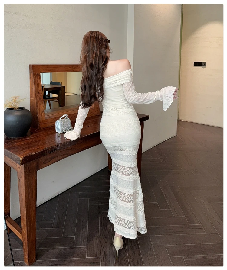 ชุดเดรสยาวทรงเมอร์เมดผ้าลูกไม้ซีทรูแขนยาวแบบฝรั่งเศส ดีไซน์หรูหราสำหรับผู้หญิง ชุดราตรีแบบไร้สาย ชุดเดรสยาวแฟชั่นเปิดไหล่