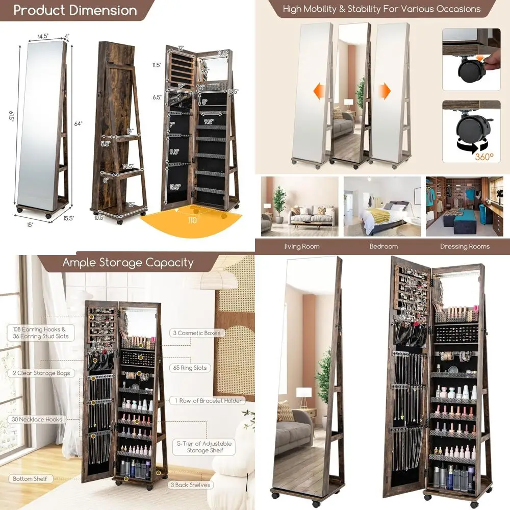 

Отдельно стоящий коричневый шкаф для ювелирных изделий в деревенском стиле с зеркалом в полный рост, запираемым хранилищем, светодиодной подсветкой и колесами