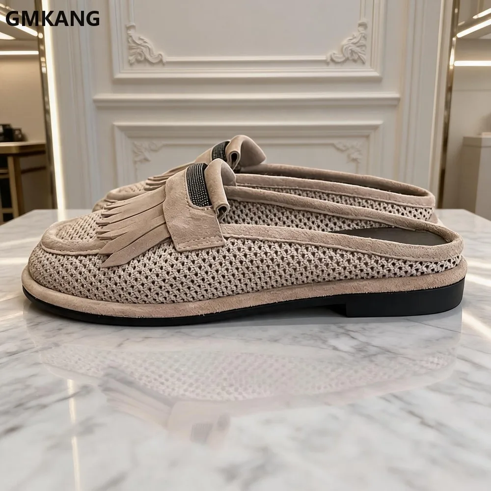 

GMKANG Suede Leather Slippers for Women Round Toe Mesh Hollow Out Mules Lightweight Breathable Comfort Half Slippers Casual