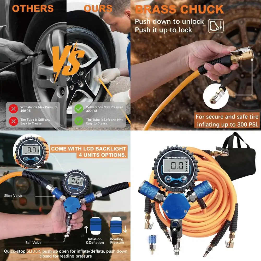 

Digital Air Pressure Kit for 4 Tires, 200 Wheelbase, 300psi Gauge, Suitable for Cars, Trucks, Trailers, Motorcycles