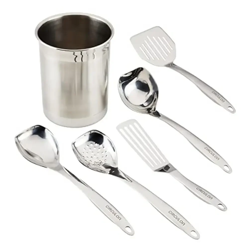 

Essential Stainless Steel Kitchen Utensils Set 6 Piece with Crock Holder Smart Storage