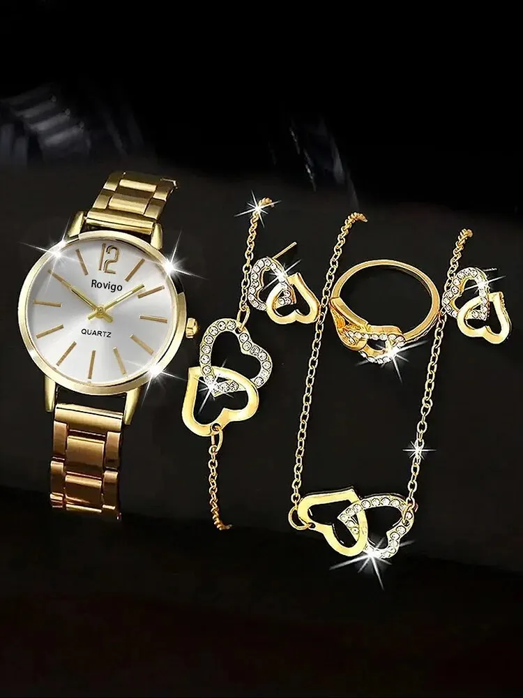 6pcs Fashion Versatile Women's Steel Band Quartz Watch with Love Diamond Bracelet, Necklace, Earrings, Ring Combination Set