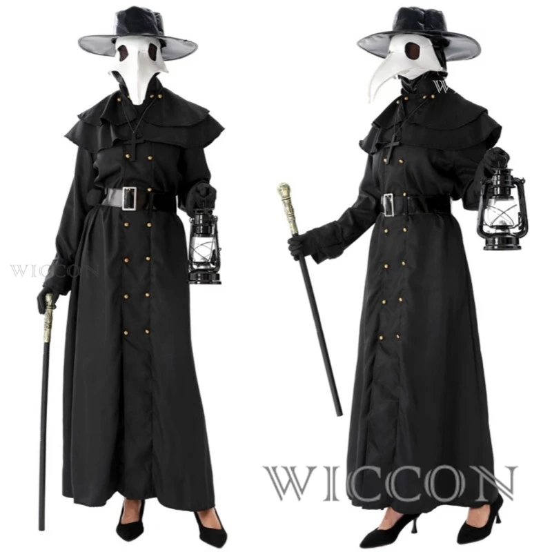 Disfraz de Médico de la Peste para Halloween, Conjunto Completo con Máscara de Pico de Cuervo Negro, Traje de Médico Medieval de Terror para Disfraces de Halloween