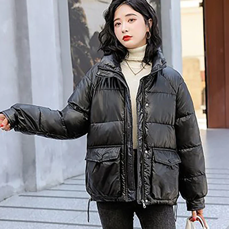 2023 Winter Women Short Cotton Jacket Bright Face Washing Free Fashion Drawstring Casual Parkas Female Loose Elegant Warm Coat