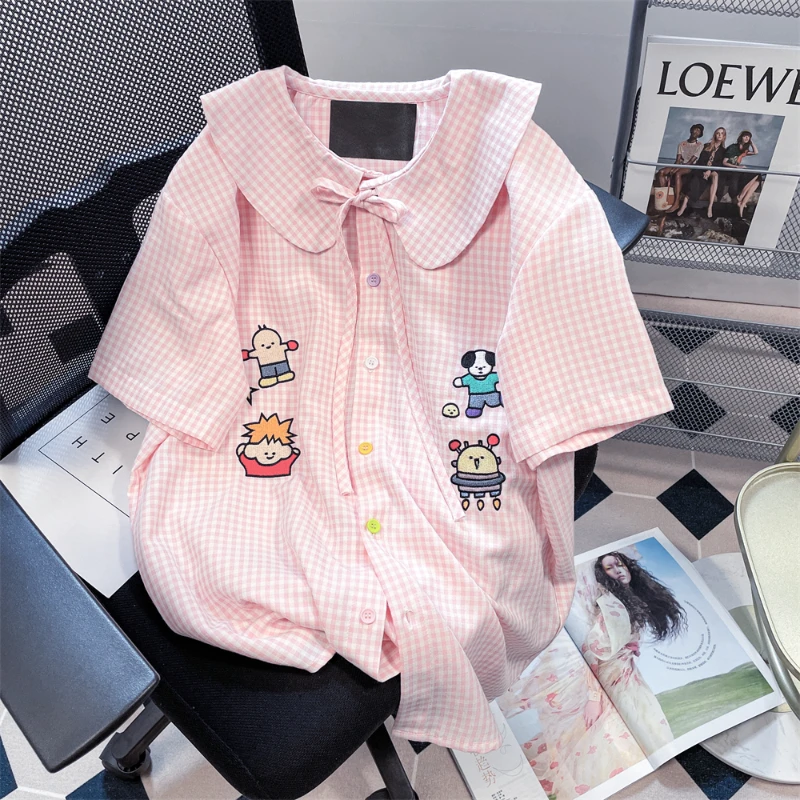 Japanese Sweet Cute Lolita Blouses Women Kawaii Cartoon Embroidery Plaid Lace Up Shirt Top Pan Collar Blusas Mujer Girl Clothing