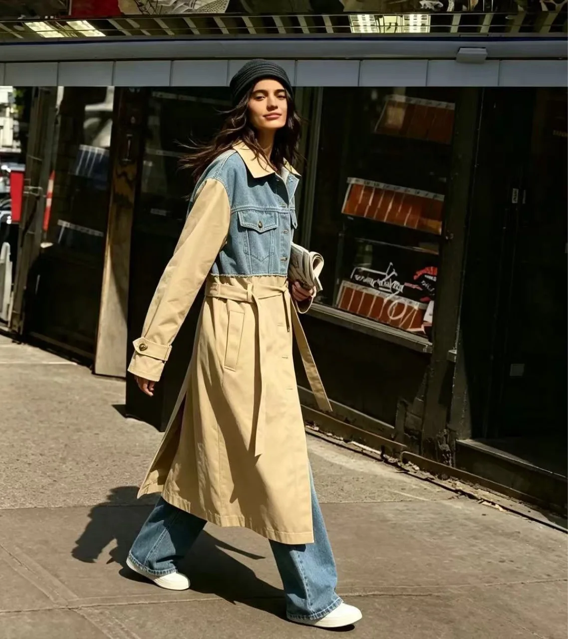 SuperAen European and American-style Casual Denim Patchwork Long Coat for Women Oversize Long-sleeved Design Coats