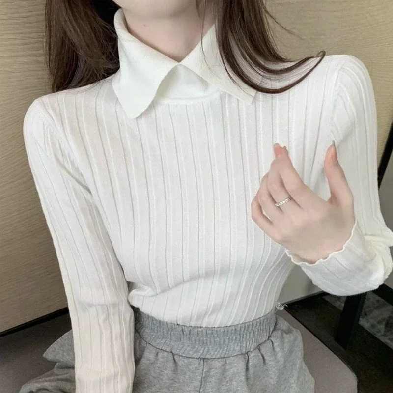 Women Korean Fashion Elegant Polo Collar Ribbed Knitted Sweater Autumn Winter Solid Long Sleeve Slim Pullover Tops Basic Jumper