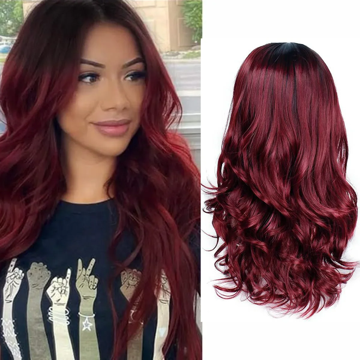 

Длинный синтетический парик с волнистыми прядями, красно-черный, натуральный цвет, для косплея, в стиле Мику, для вечеринок, из термостойкого волокна, для повседневной носки