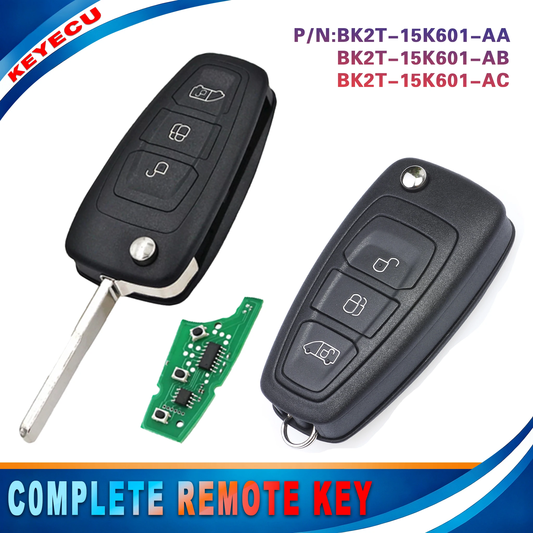 KEYECU for Ford Transit Custom Tourneo Custom 2012-2016 Flip Remote Key Fob 2C53435329 BK2T-15K601-AA AB AC 433MHz 43+Chip