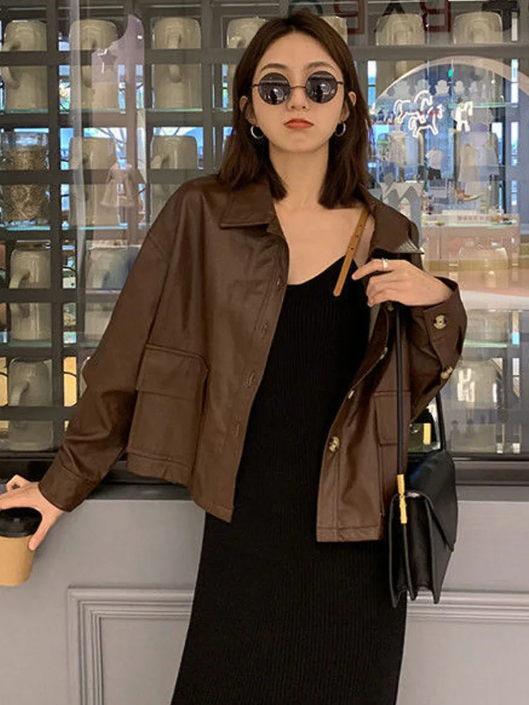 Summer Black Leather Jacket Women Korean Fashion Loose Thin Moto Jacket Female Streetwear Lady Outerwear Biker Coat 2022 Autumn