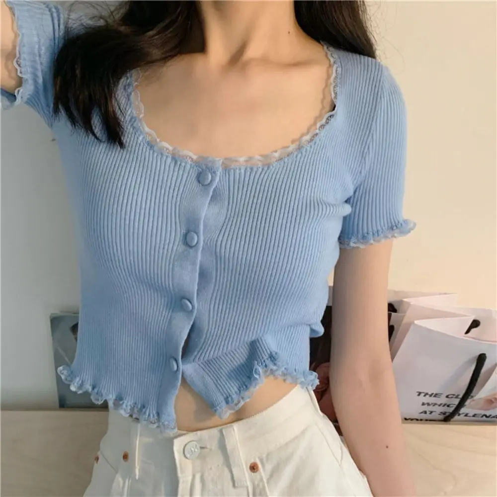 Korean Style Summer Spring Lace T-shirt Stylish Button Short Sleeves Top Slim Fit Crop Top
