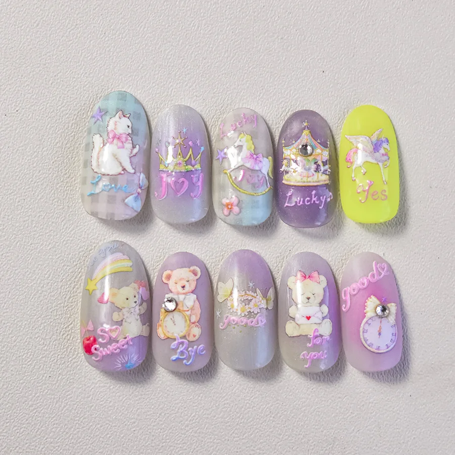 Cute Bear Flower Cake Moon Rhinestones Unicorn Cat Bunny Bow Swan Heart Balloon Embossed Relief Nail Art Sticker Manicure Decal