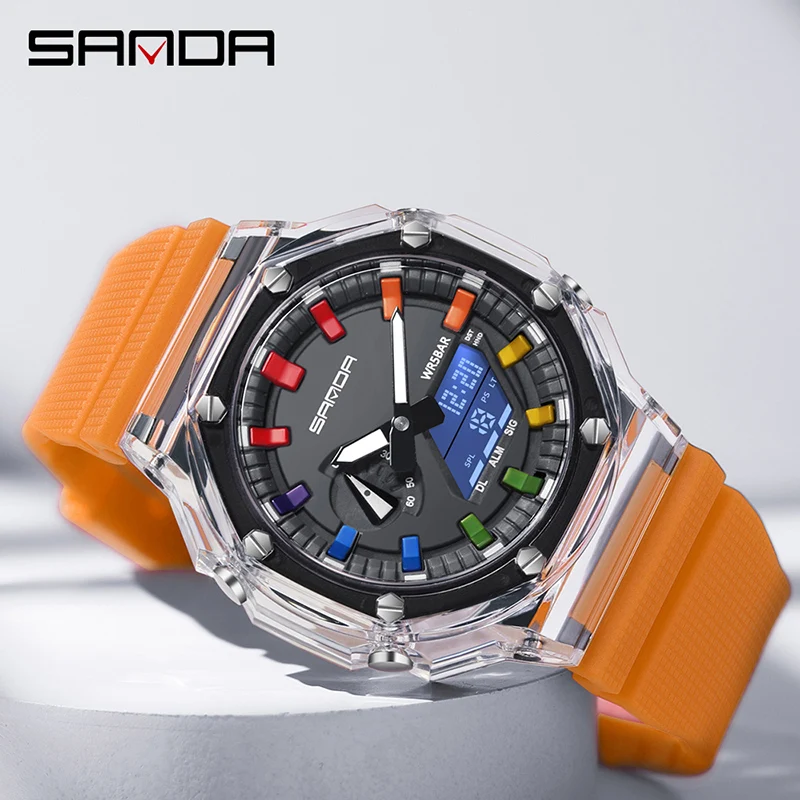 SANDA Top Waterproof Men Quartz Watch Countdown Stopwatch LED Light Electronic Wristwatch 5Alarm Clock 2 Time Digital Watches