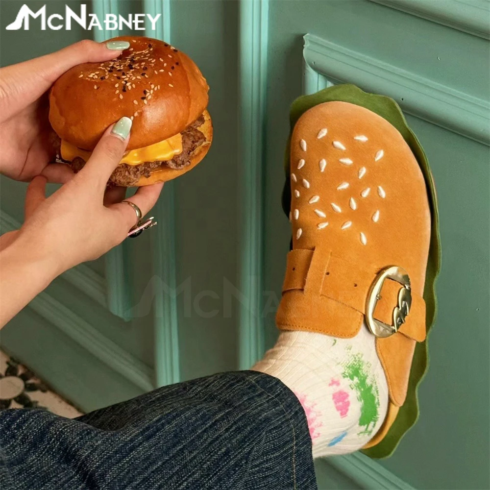 Novelty Style Hamburger Slippers Metallic Square Belt Buckle Suede Slippers Comfortable Fashion Slip-On Shoes Creative Slippers