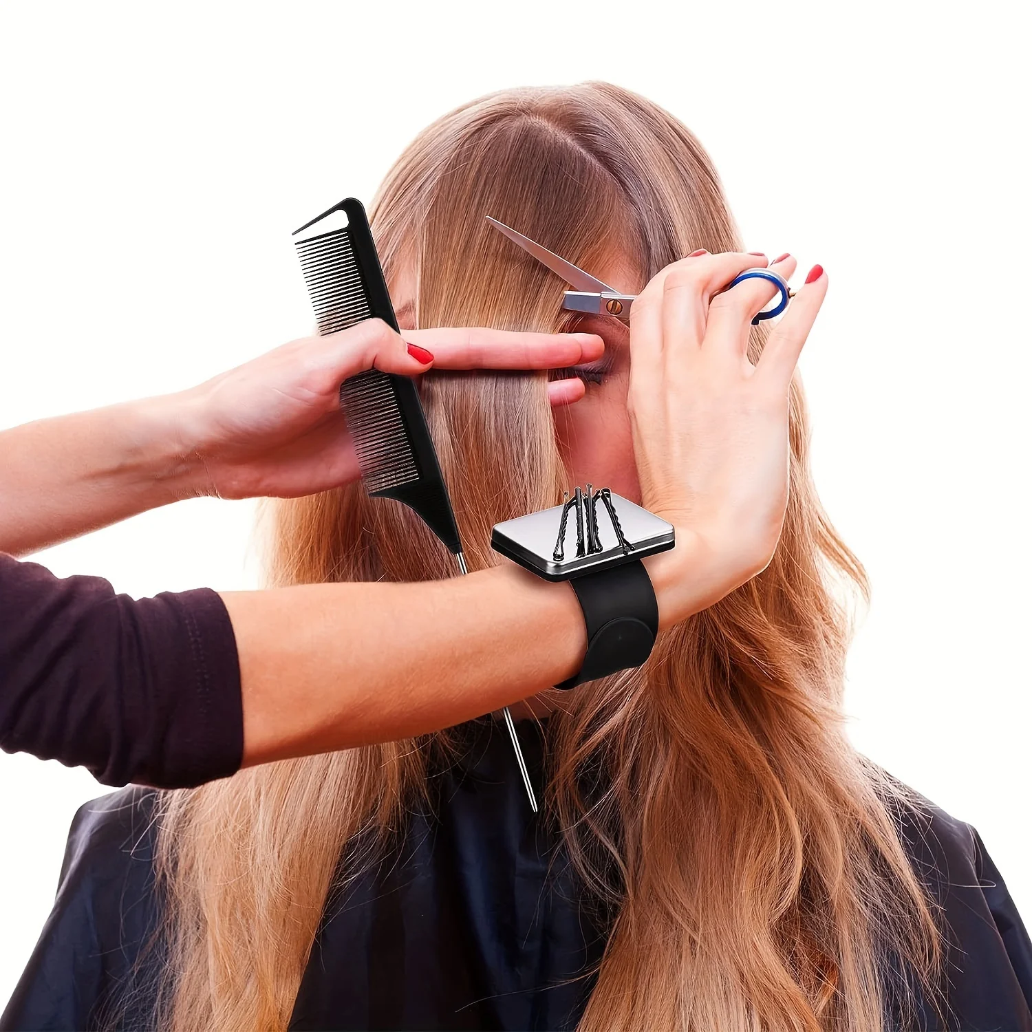 Styling-Set mit magnetischem Haarkamm und Handgelenksband, 2 Edelstahl-Haarkämmen mit spitzem Ende und 4 Krokodilklemmen, Haar-Flechtwerkzeug – Detail 3