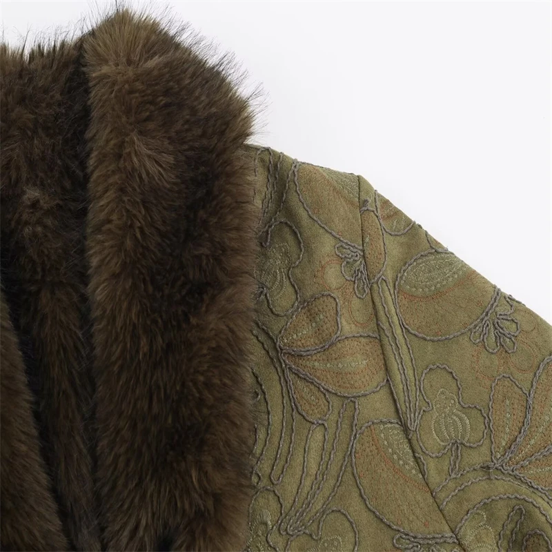 Chaqueta bordada con ribete de piel sintética para mujer - Elegante abrigo verde oliva para otoño/invierno