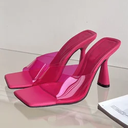 New Summer Transparent Pvc Sandals Women Square Toe Simple High Heels Classy Slide Lady Fashion Design Open Toe Slippers Women