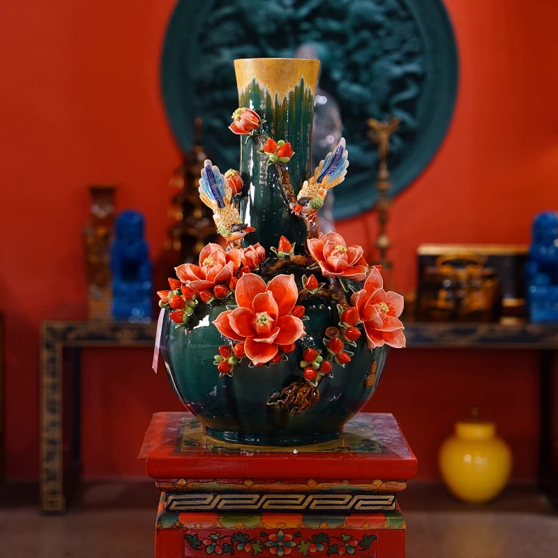 

Handmade Shiwan Pottery Ornament Large Magnolia Vase Entrance Ornament