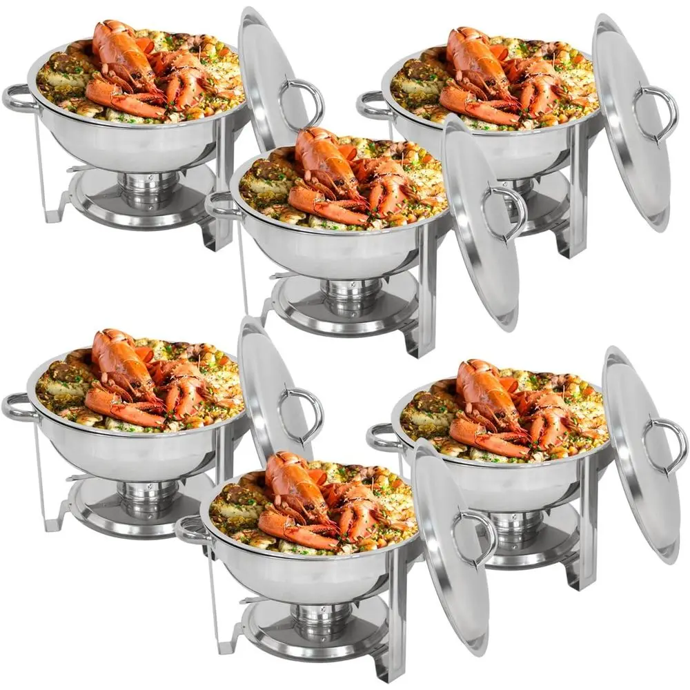 

6-Piece Stainless Steel Round Chain Dish Buffet Set with Trays, Pan Lid, and Stand for Kitchen Party Banquet Dining, 5-Quart Ful