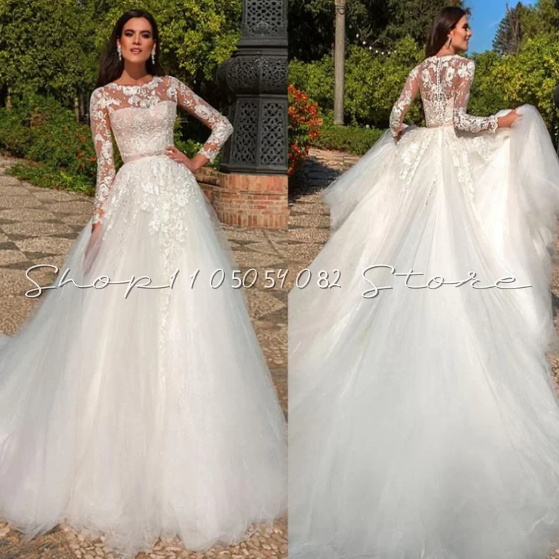 Abiti da sposa da sposa in pizzo bianco Matrimonio da spiaggia Girocollo Appliques Abiti da sposa a pieghe lunghi fino al pavimento a-line personalizzati