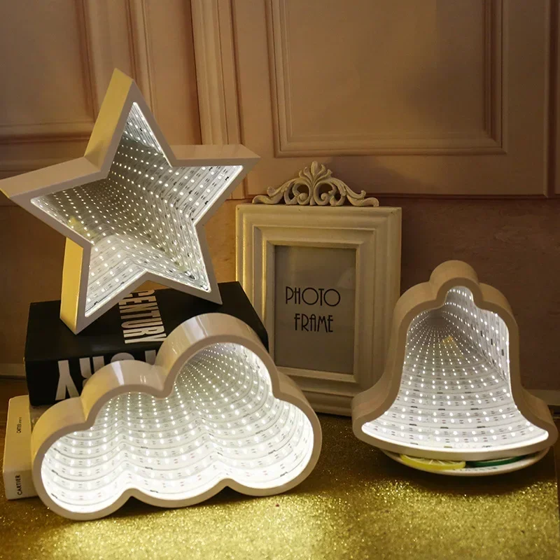 Lámpara de modelado de túnel con efecto 3D, luz LED nocturna de espejo, alimentado por batería, mesita de noche, Creat Heart, Cloud Flower, regalo de cumpleaños