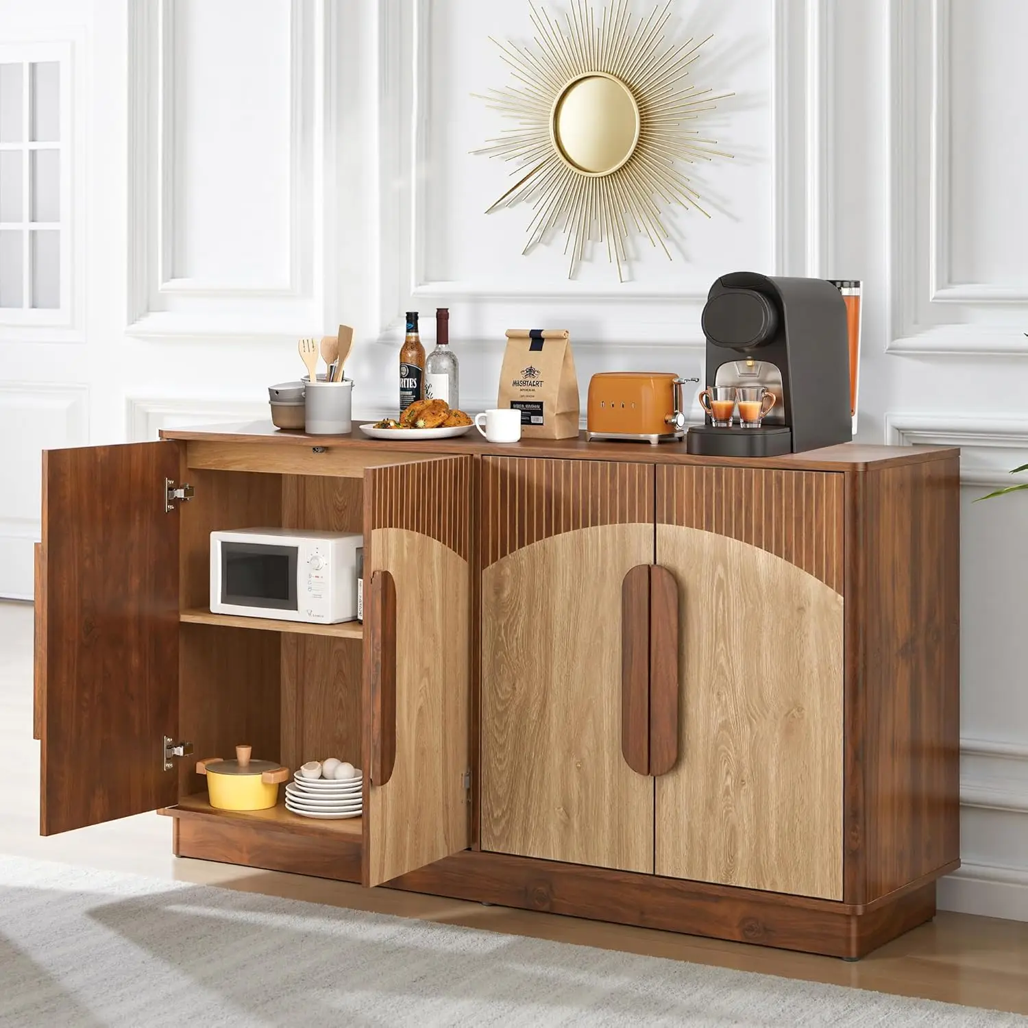 

Large Fluted Buffet Sideboard Cabinet with Storage，Modern Wood Storage Cabinet with Doors & Adjustable Shelves,, Customized