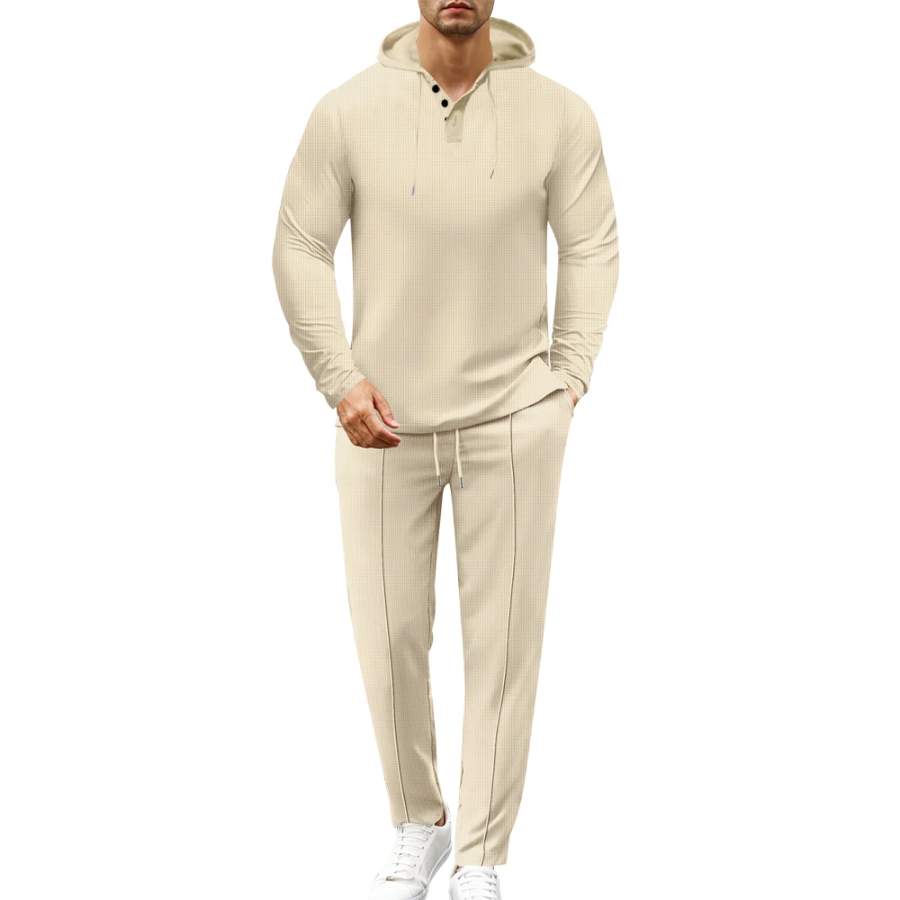 New Men Leisure Set Walf Checks Fabric European and American Style Hooded Solid Color Long-Sleeved Top Two-Piece Trousers