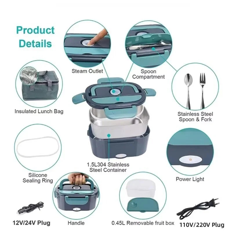 Contenitore per il pranzo elettrico portatile SANQ Contenitore in acciaio inossidabile per casa e ufficio Ideale per viaggi e lavoro Spina europea