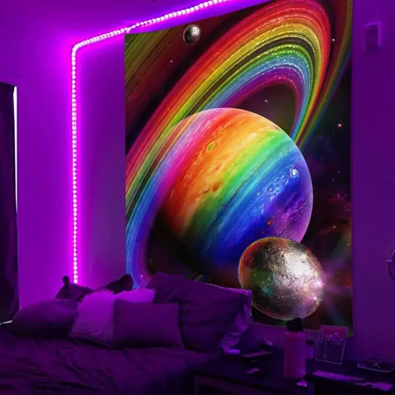 VIKAMA Blacklight Multicolor Ringed Planet Outer Space Reactive Tapestry Psychedelic Wall Art Room Decor Soft Durable Cozy Gift