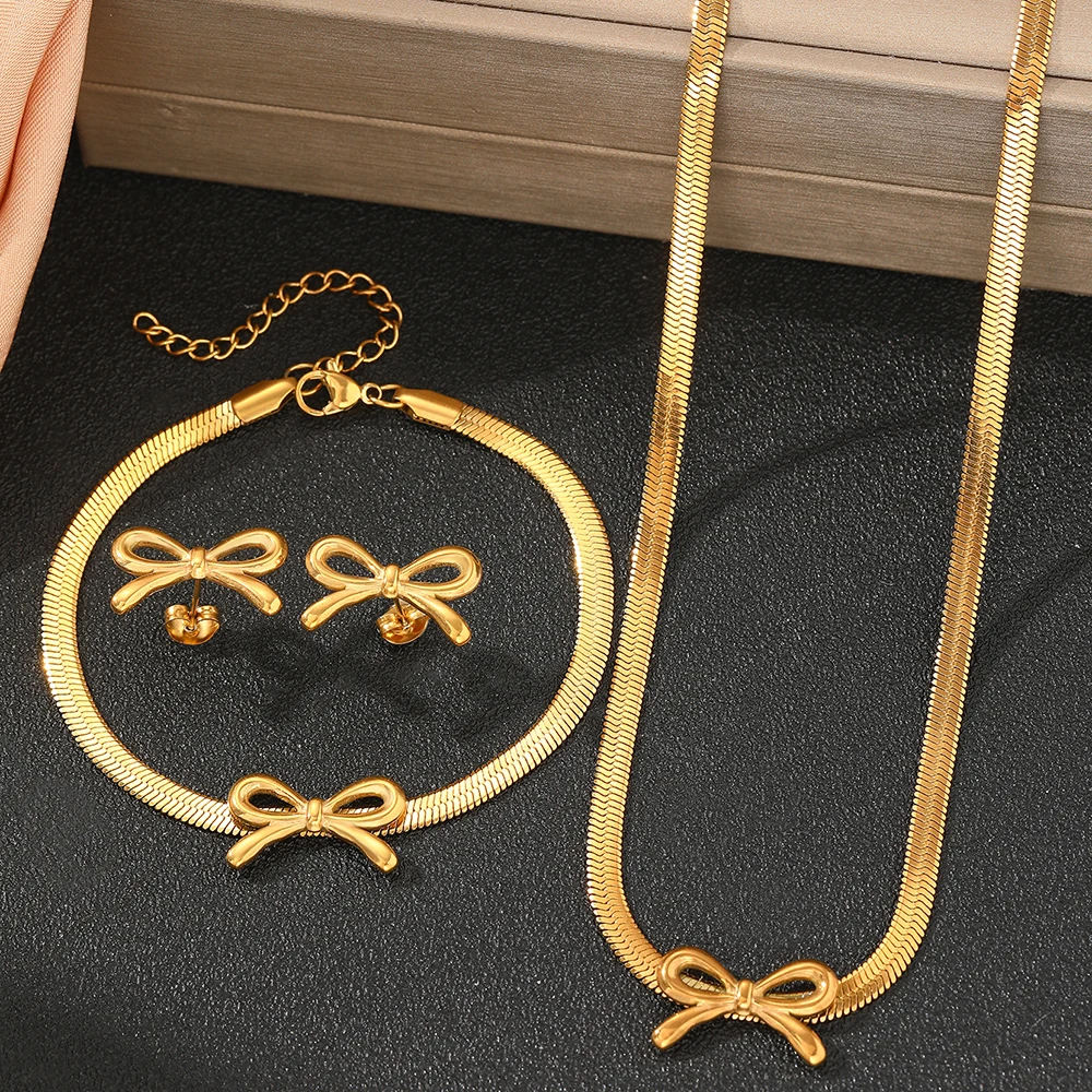 woiwoi Stainless Steel Jewelry Set Blade Chain Bow Design Bracelet Necklace Earrings 3 Piece Jewelry Set For Women Jewelry Gifts