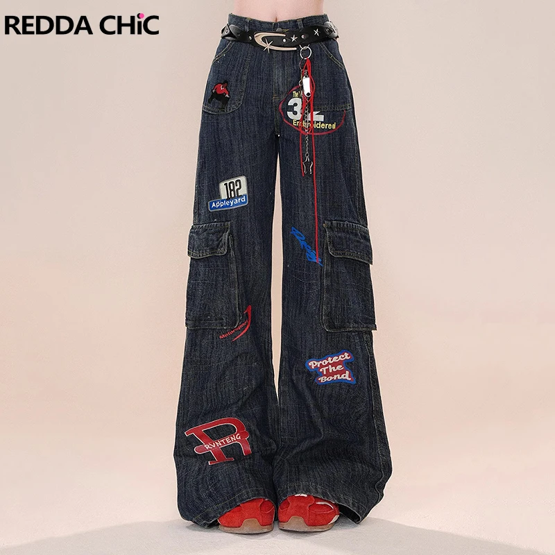 Reddic celana kargo wanita motif Cowgirl cap Flare Jeans biru Distressed grafis bersaku kaki lebar celana kargo Vintage Y2k pakaian jalanan Wanita