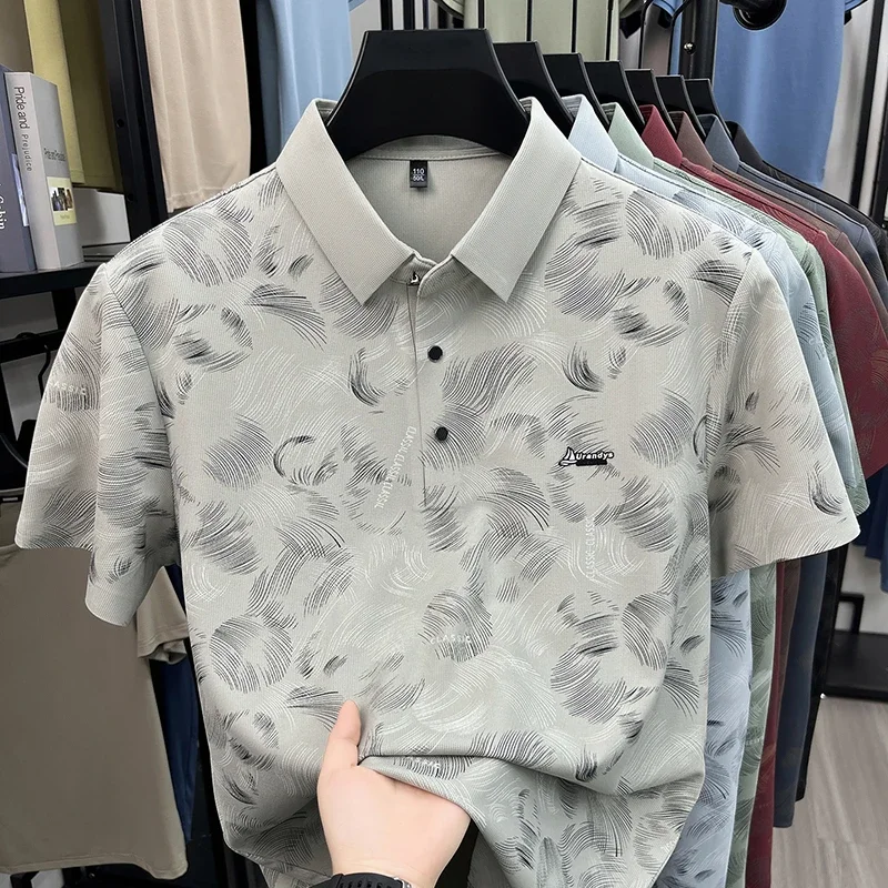 Mens Feather Print Short Sleeve Polo Shirts Classic Casual Tops Soft Comfortable Breathable Shirts