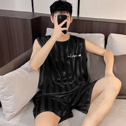 Ice-cold Ultrathin Soft Summertime Ice Silk Pajamas Baggy Tank Top Solid Color Shorts Can Worn Outside Loungewear Men Pajamas