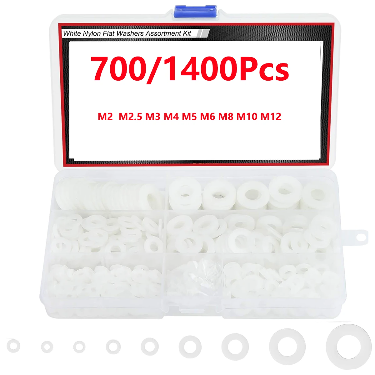 

700/1400Pc Nylon Washer Flat Ring Washers White O-Ring Sealing Kit For Plug Seal Hose Gaskets Kit M2 M2.5 M3 M4 M5 M6 M8 M10 M12