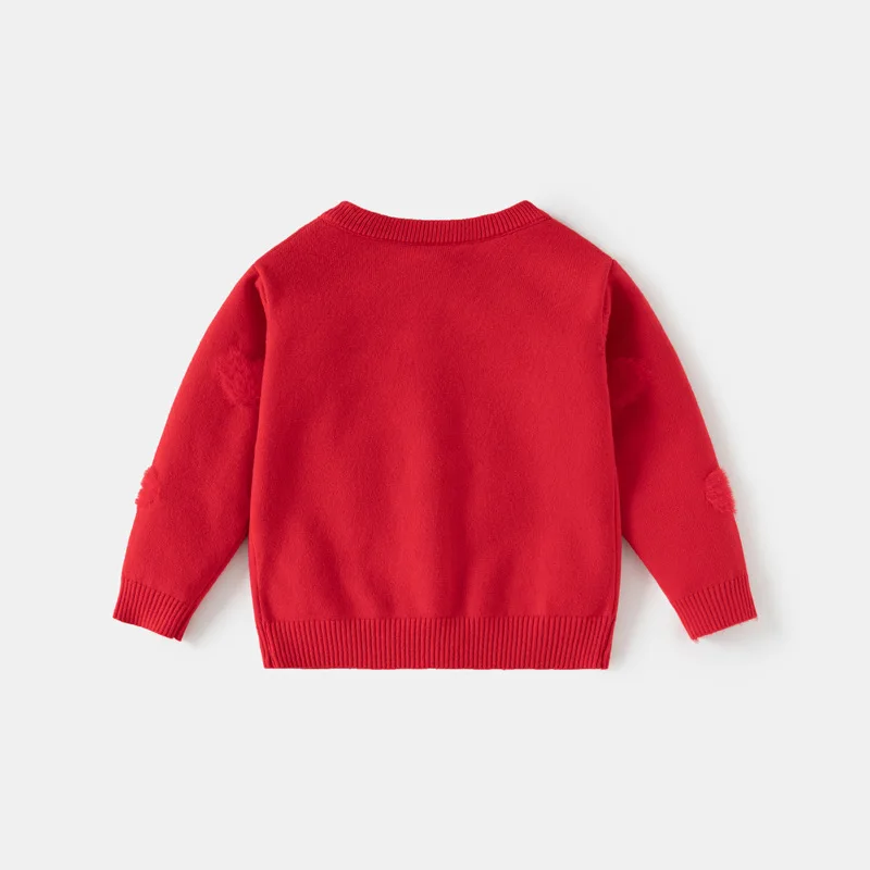 IYEAL Baby Girls Red Knit Cardigan 3D Fluffy Heart Appliqué Round Neck Button Down Long Sleeve Children Warm Sweater Jacket
