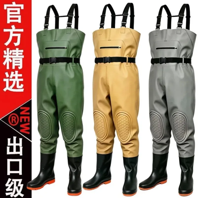Men Waterproof Chest Waders Non Slip Fishing Pants Breathable Half Body Wading Suit with Integrated Boots for River Hunting