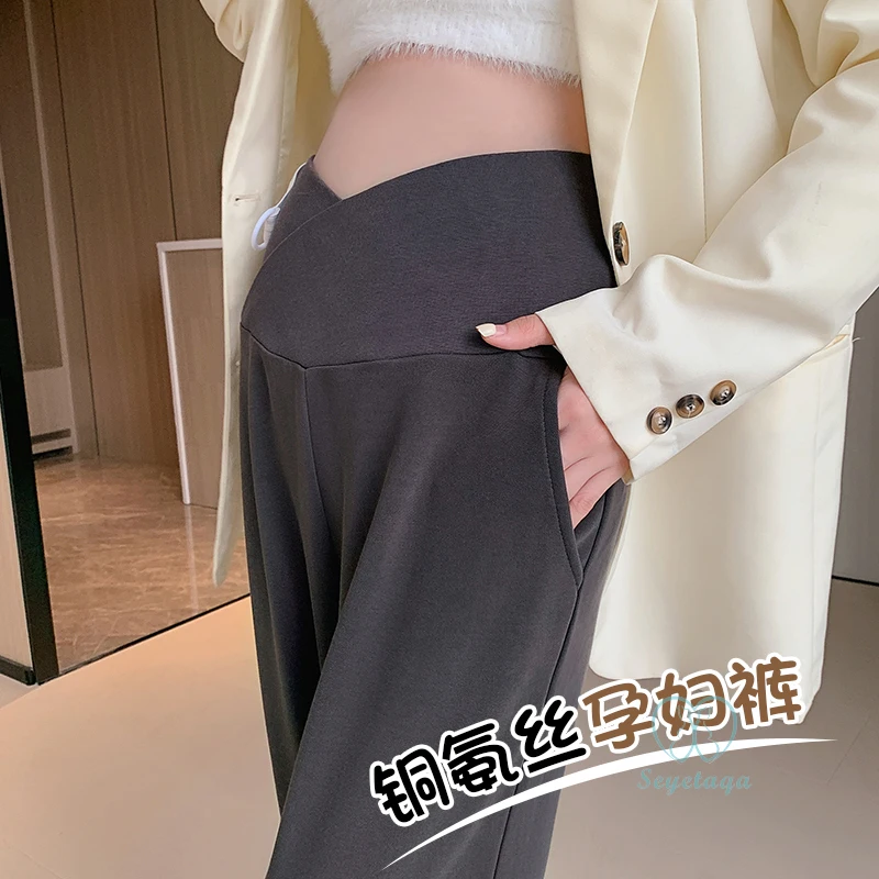 

2024 Spring Fashion Maternity Pants Across V Low Elastic Waist Belly Clothes for Pregnant Women Casual Straight Pregnancy