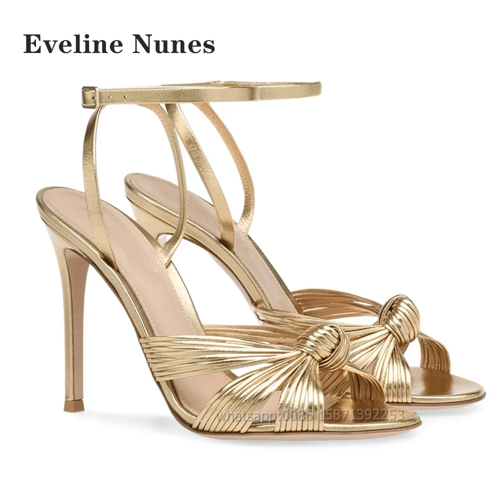 

Golden Bow Pleated Women Sandals Pointed Toe Stiletto One Word Belt High Heels Large Size Solid Buckle Strap Sexy Shoes Summer