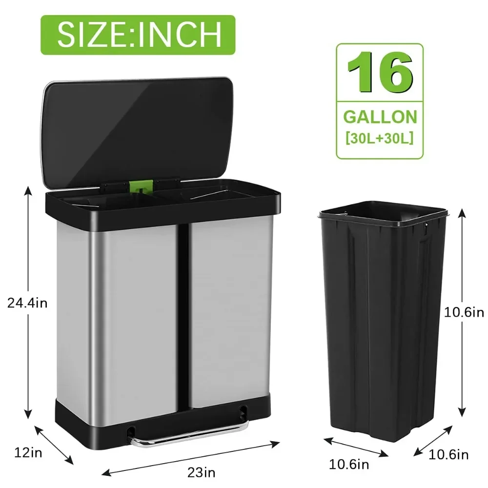 Kitchen Trash Can 16 Gallon/ 60L Stainless Steel Dual Trash Can with Lid & Double Barrel