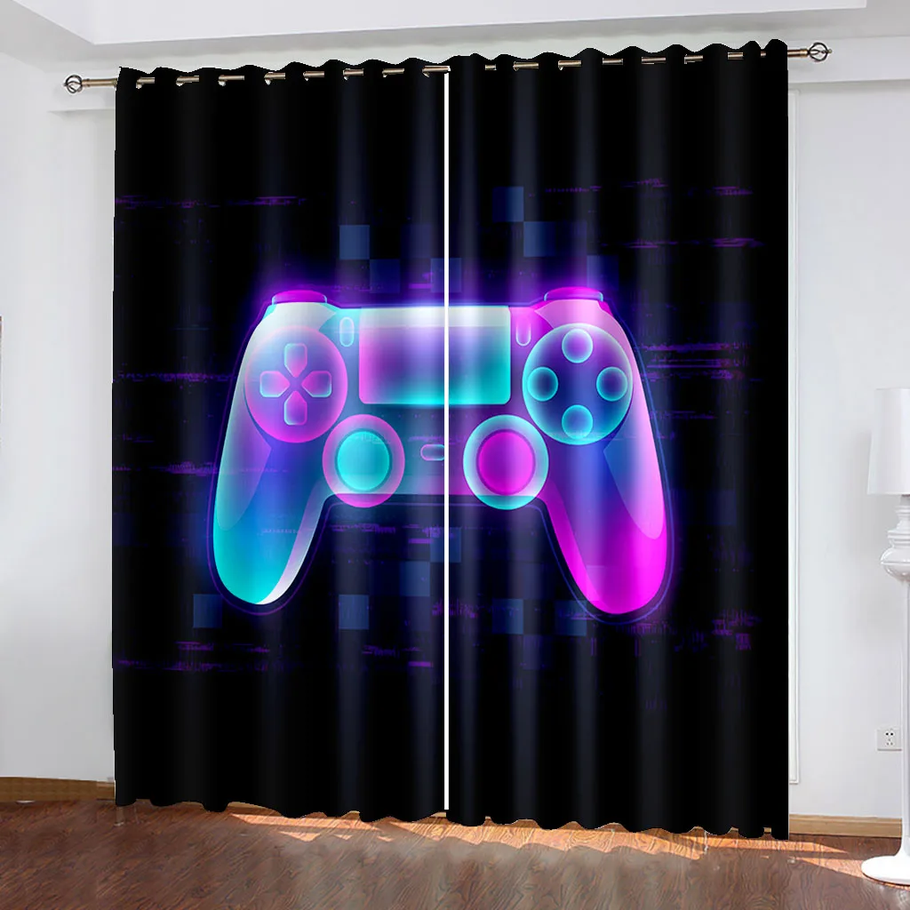 

Neon Gamepad Printing Blackout Living Room Curtain Cartoon Home Decor Boy Bedroom Curtain Double Open Cortina De Ventana