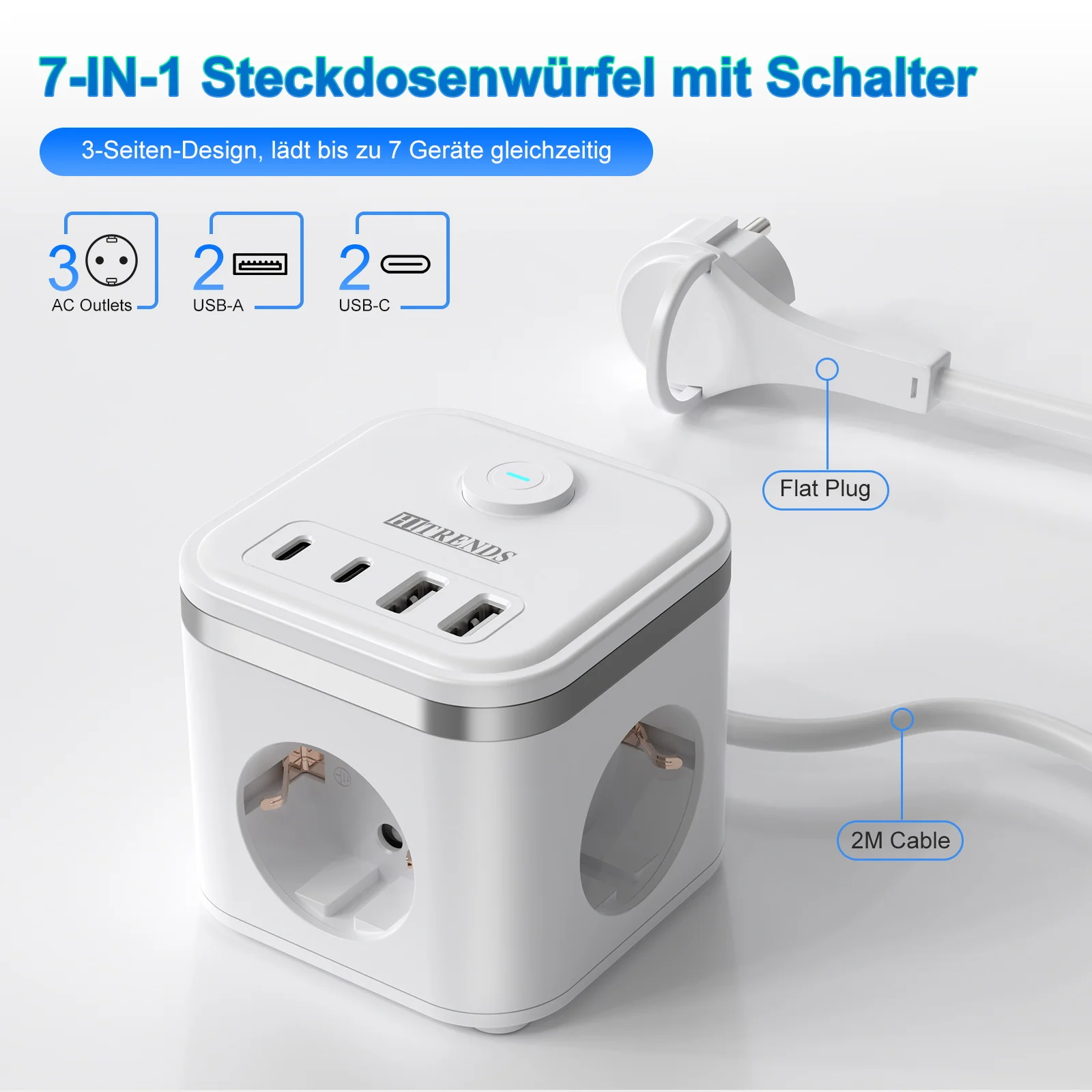 7-in-1 EU Multi-function Power Board Ultra-thin Flat Plug with 3 AC Power Outlets 2 USB-C and 2 USB-A 2-Meter Extension Cords