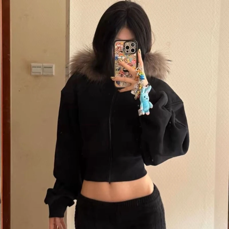 

Deeptown Black Fur Collar Zipper Hoodies Women Vintage Fashion Crop Hooded Sweatshirt Korean Style High Street Harajuku Hoodies