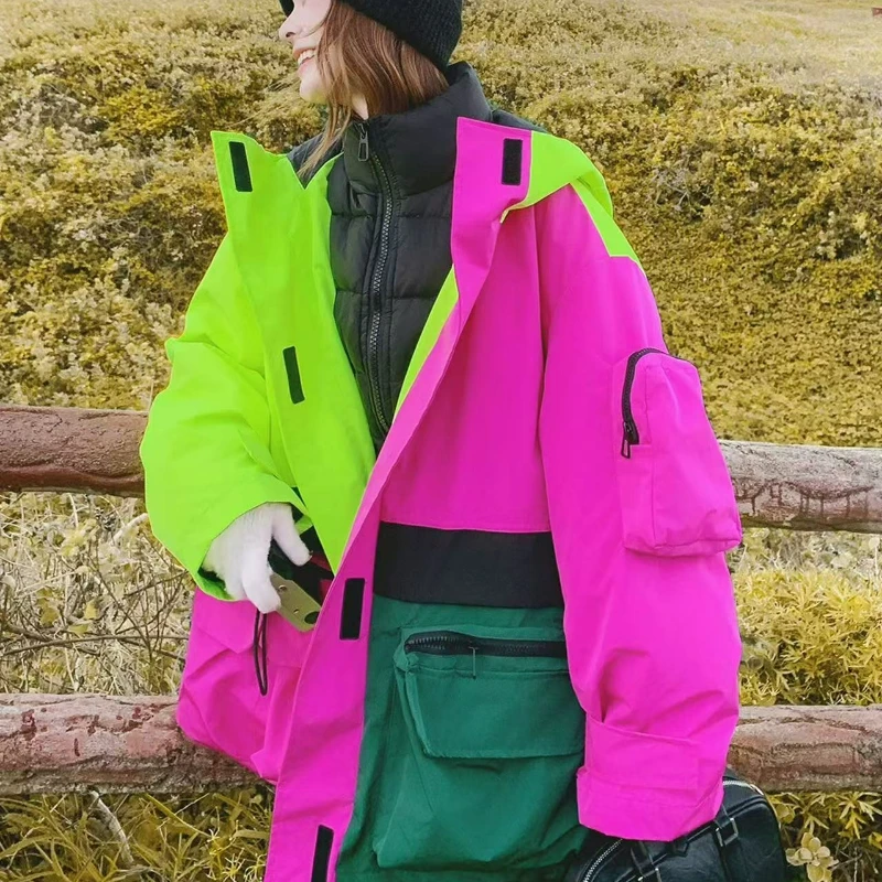 

2026 Autumn Winter Color-blocking Patchwork Down Jacket Large-sized Women 200pounds New Style Mid-length Hooded Thick Loose Coat