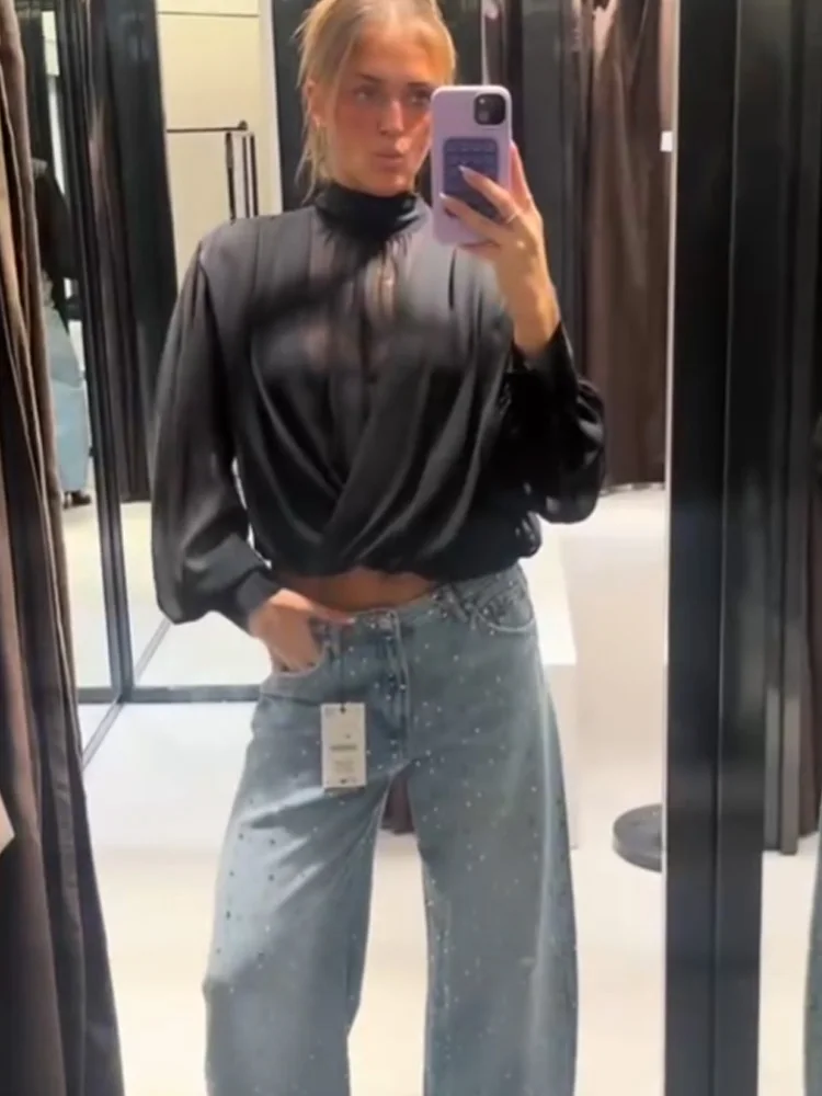 

HH Women Autumn Fashion Fold Translucency Slim Shirt Female Temperament Sexy Casual Long Sleeve Bow Lace-up Solid Shirt Mujer